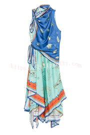 Surrealist Summer Satin Unique Print Tie-up Details Layered Hem Scarf Maxi Dress