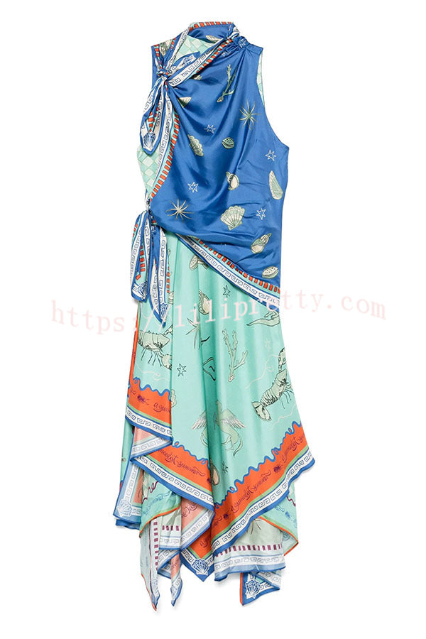 Surrealist Summer Satin Unique Print Tie-up Details Layered Hem Scarf Maxi Dress