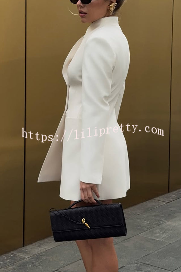 Kayleen Stand V-neck Decorative Metal Button Long Sleeve Pocket Blazer Mini Dress