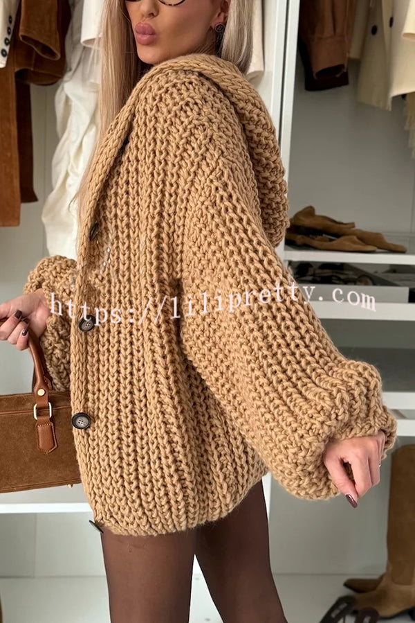 Warm Day Knit Button Up Long Balloon Sleeve Hooded Loose Cardigan