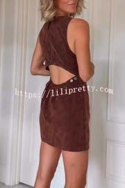 Atlas Faux Suede Open Back Button Accents Zipper Mini Dress