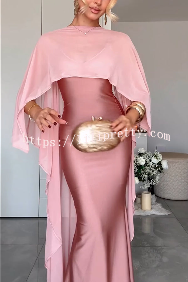 Party Charm Satin Sheer Chiffon High Low Cape Slip Maxi Dress