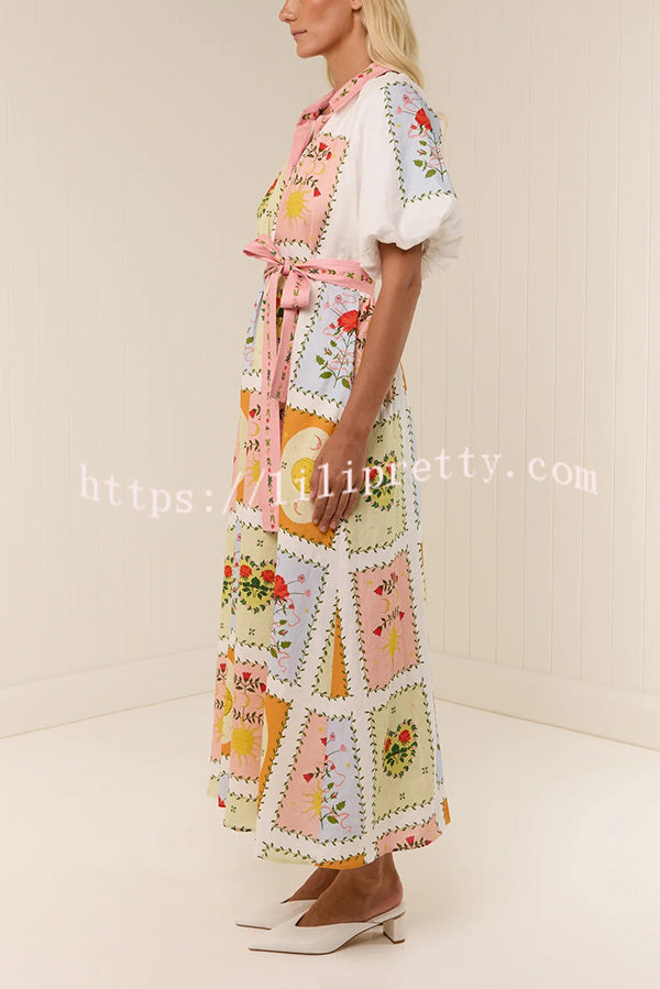 Lily Song Linen Blend Unique Print Short Sleeve Tie-up Shirt Maxi Dress