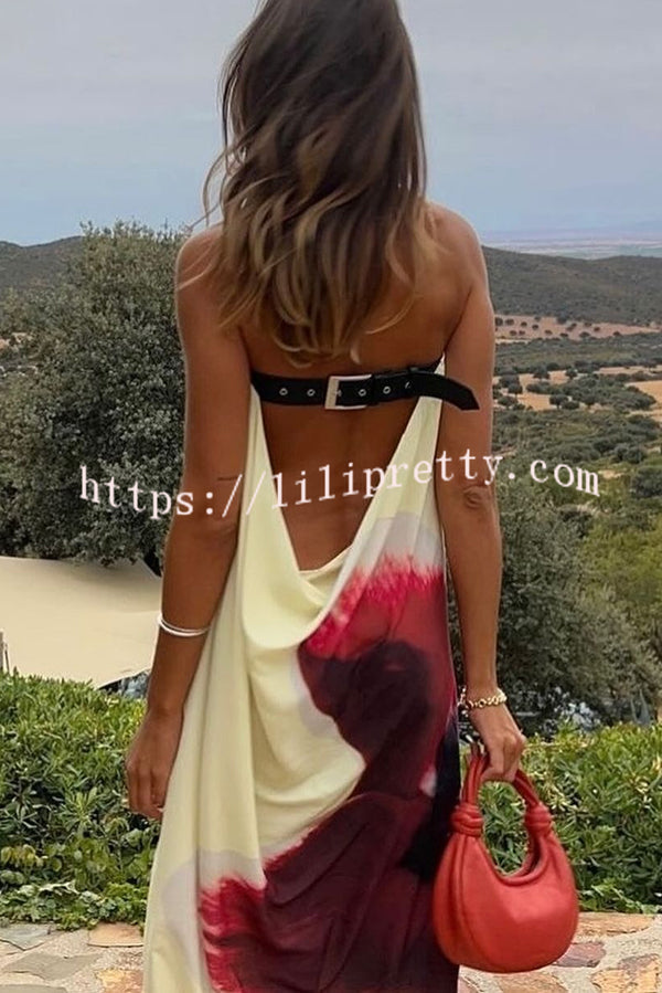 Floral Print Sexy Strapless Backless Belt Maxi Dress