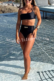 Solid Color One-shoulder High Waist Stretch Bikini Swimsuit