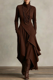 Solid Color High-neck Long-sleeved Irregular Casual Maxi Dress