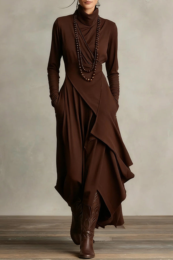 Solid Color High-neck Long-sleeved Irregular Casual Maxi Dress