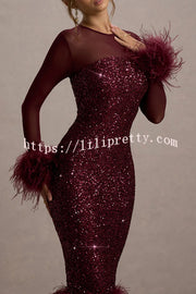 Glamor and Drama Mesh Sequin Patchwork Feather Trim Stretch Midi Dress