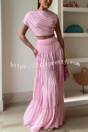 Stunning Chiffon Ruched Shoulder Short Sleeve Crop Top