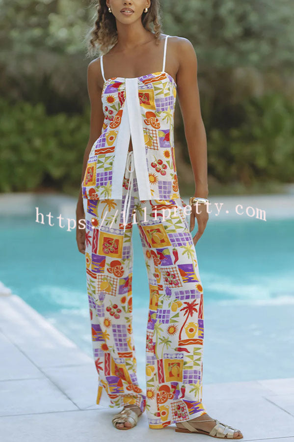 Katri Unique Print Front Slit Tank and Elastic Waist Pocket Wide Leg Pants Set