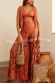 Sexy V-neck Sleeveless Top and Elastic Waist Hollow Wide-leg Pants Set