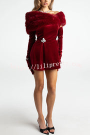 Stylish Velvet Off-shoulder Fitted Mini Dress and Fluffy Shawl, Velvet Gloves Three-piece Set