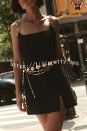 Timeless Exquisite Tweed Fabric Metal Coin Chain Detail Slip Mini Dress