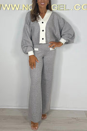 Fashion Contrast Color V-neck Loose Cardigan and Elastic Waist Casual Pants Set