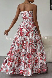 Floral Print Cutout Bandeau Top and Elastic Waist Full Maxi Skirt Set
