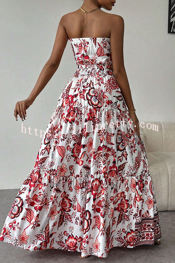 Floral Print Cutout Bandeau Top and Elastic Waist Full Maxi Skirt Set