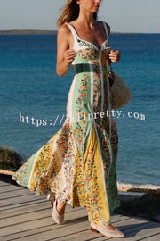 Sweet Garden Linen Blend Color Block Floral Paneled Maxi Dress