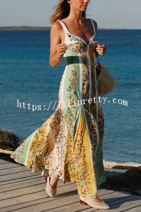 Sweet Garden Linen Blend Color Block Floral Paneled Maxi Dress