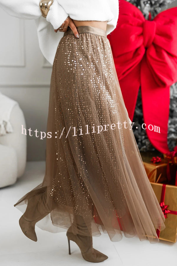 Party Daydream Sequin Tulle High Rise Elastic Waist Maxi Skirt