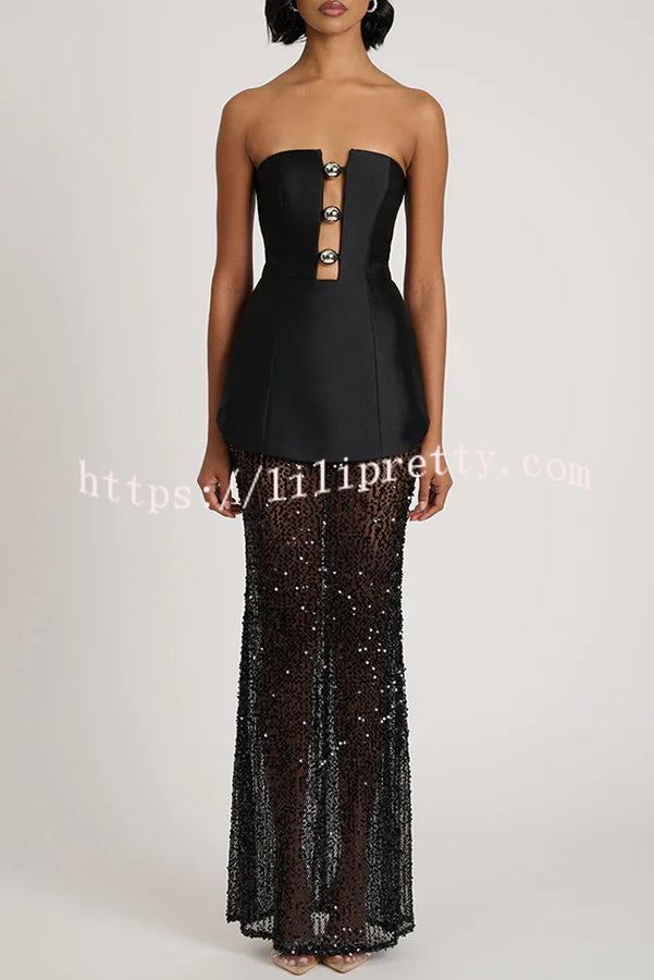 Nerissa Satin cutout metal ball Patchwork sequin hem strapless maxi dress