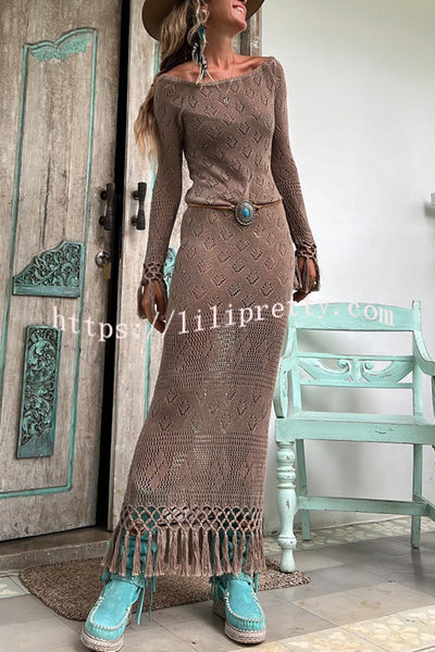 Lilipretty Bailey Knit Long Sleeve Pattern Hollow Out Tassel Trim Maxi Dress