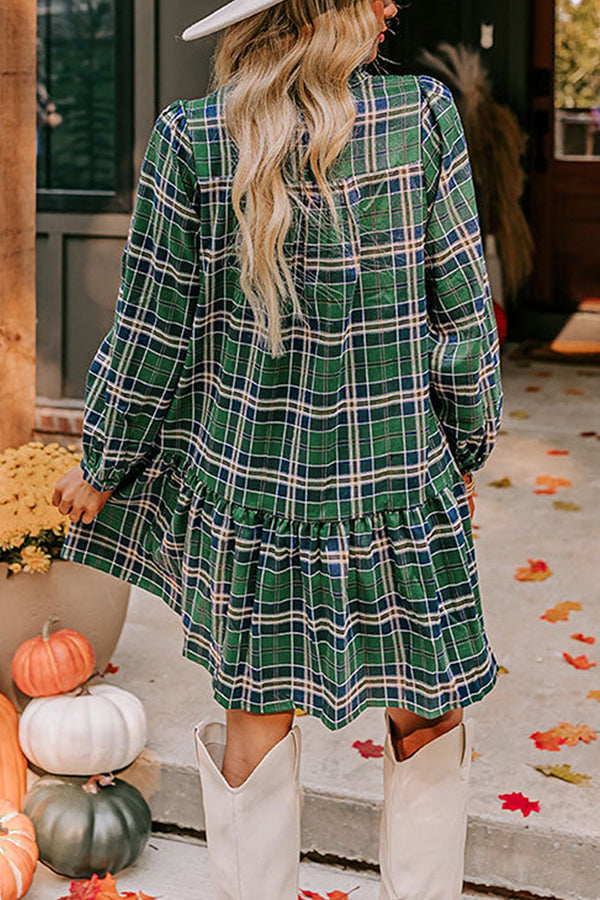 Plaid Print Loose V-Neck Long Sleeve Casual Mini Dress