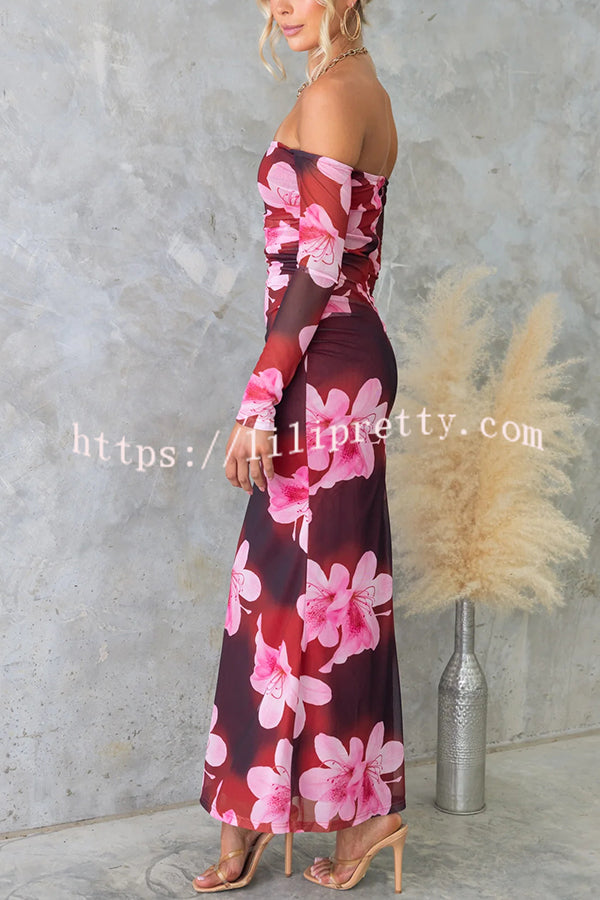 Floral Fantasy Mesh Off Shoulder Long Sleeve Stretch Maxi Dress