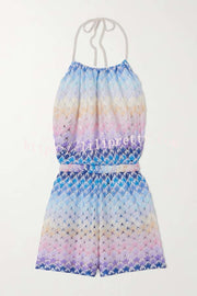 Wave Waves Knit Colorful Zigzag Pattern Halter Neck Backless Loose Romper