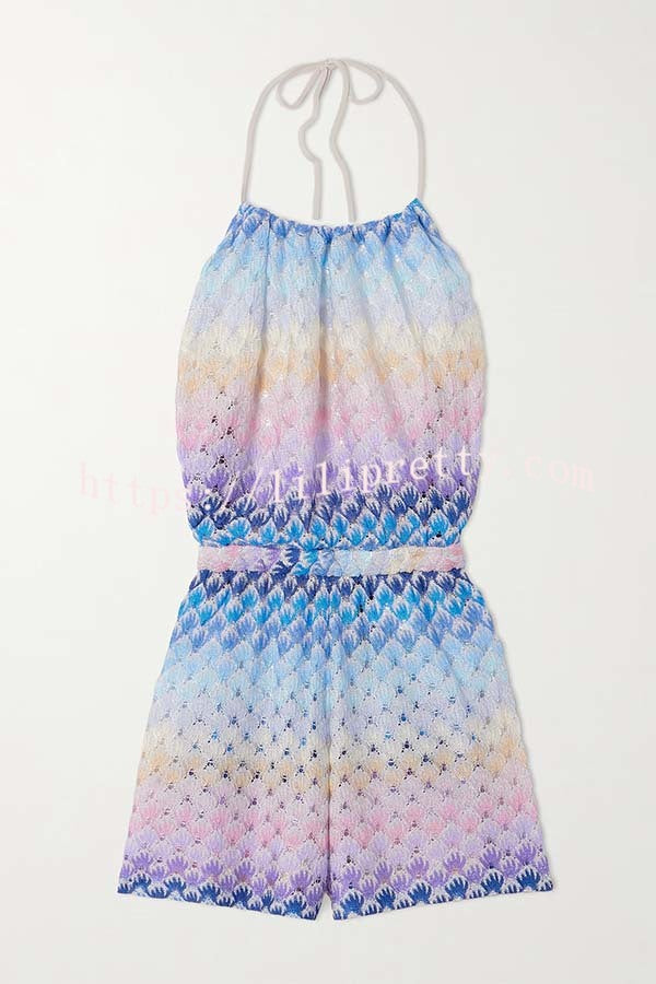 Wave Waves Knit Colorful Zigzag Pattern Halter Neck Backless Loose Romper