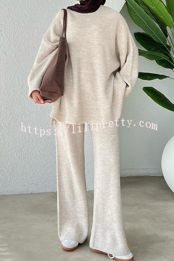 Solid Color Loose Long-sleeved Knit Top and Elastic Waist Casual Straight Leg Pants Set