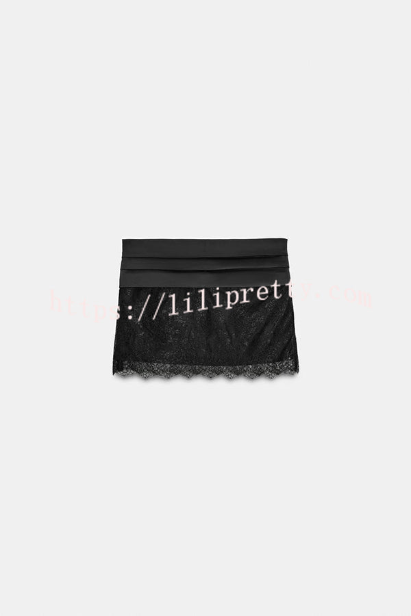 Anna Satin Bow Appliqué Mid Rise Lace Hem Mini Skirt