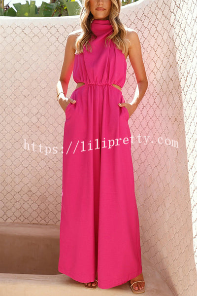 Solid Color Resort Style Halter Neck Waist Pocket Wide Leg Jumpsuit