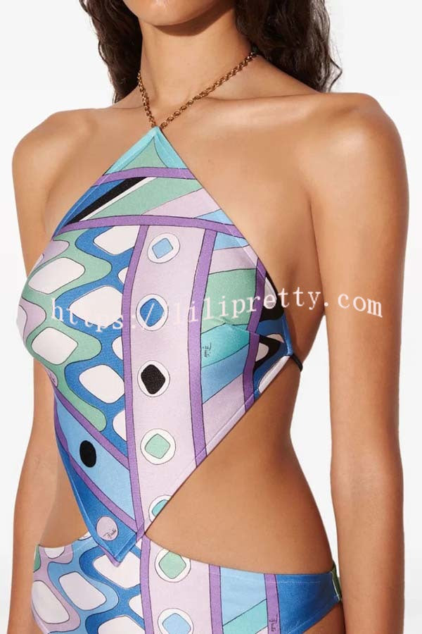 Lorian Unique Print Chain Halter Neck Cutout Waist Stretch One-piece Swimsuit