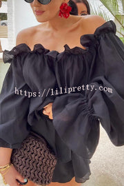 Arnell Linen Blend Off Shoulder Balloon Sleeve Shirt and Elastic Waist Layered Shorts Set