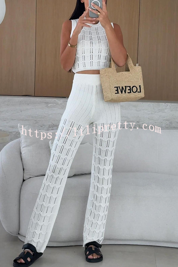 Solid Color Hollow Sleeveless Round Neck Knitted Vest and Stretch Casual Straight Pants Set
