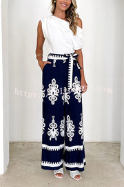 Unique Ethnic Print Belted Casual Pocket Wide Leg Pants