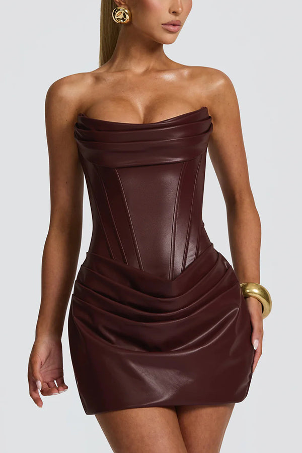 Palmer Faux Leather Pleated Off Shoulder Neck Slit Stretch Mini Dress