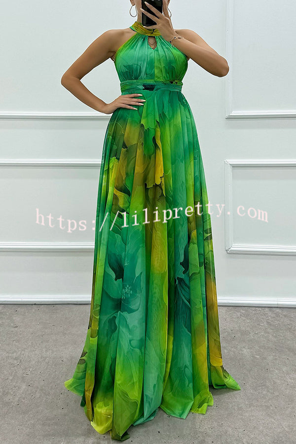 Elaine Tulle Floral Splash Print Cutout Halter Tie-up Neck Gown Maxi Dress