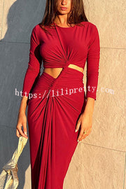 Solid Color Round Neck Long Sleeve Sexy Exposed Waist Slit Maxi Dress