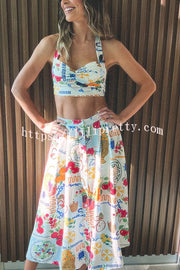 Linen-blend Fruit Print Halterneck Pleated Top and Pocket Button-down Maxi Skirt Set