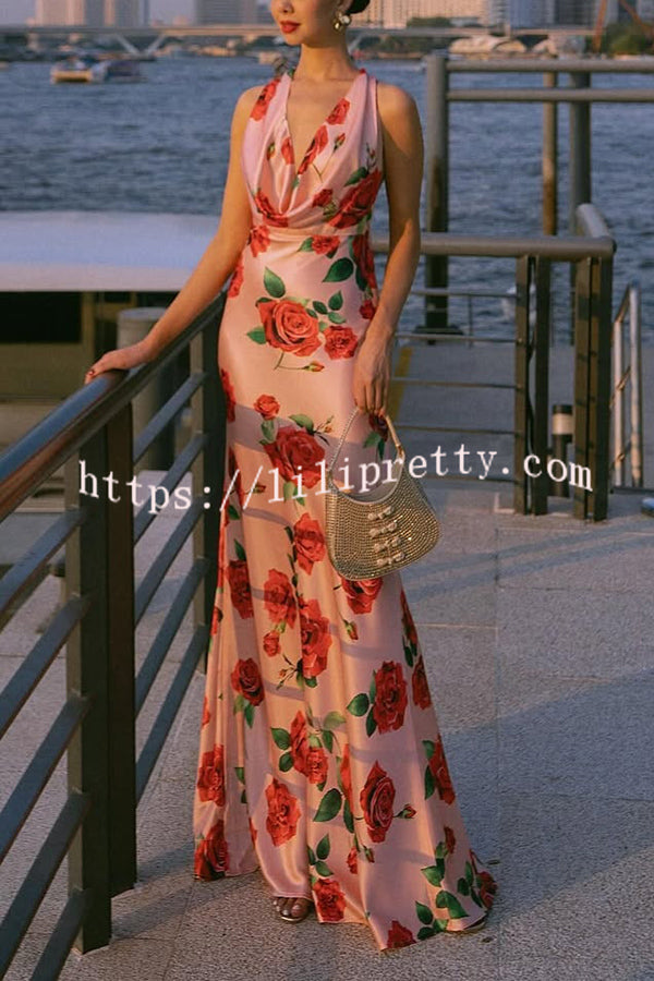 Rose Print Sexy Halter Neck Strappy Backless Slim Fit Maxi Dress