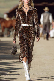 Leopard Print Lapel Long-sleeved Fitted Midi Dress