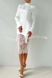 Melissa Satin High Neck Long Sleeve Curved Hem Top and Lace Midi Skirt Set