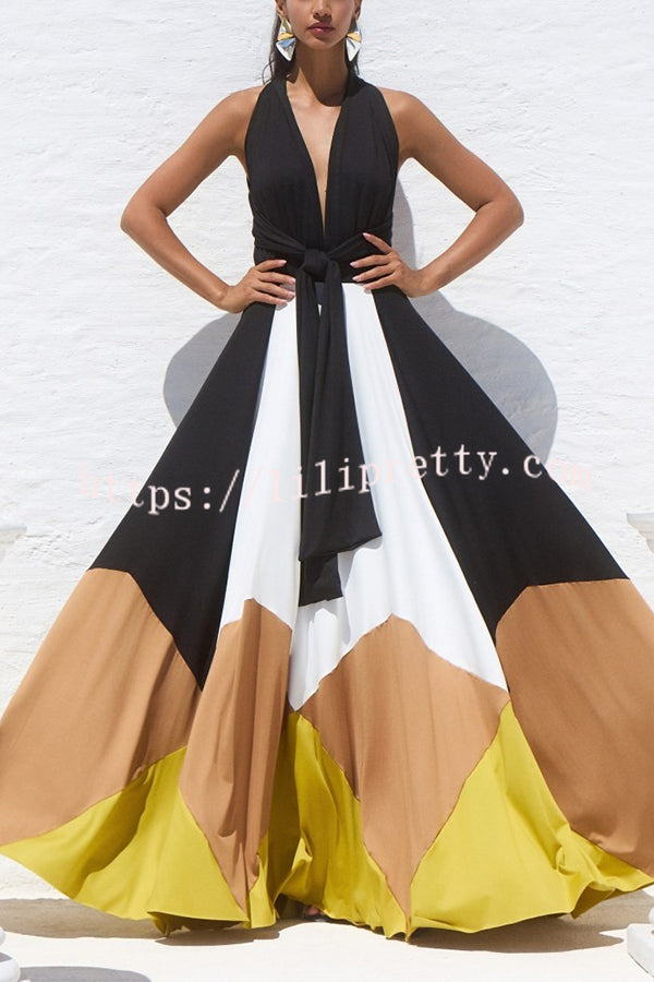 Fashion Colorblock Sexy Backless Tie Waist Full Hem Maxi Dress