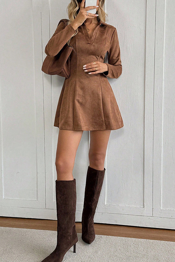 Stylish Suede Collared Long-sleeved Slim-fit Mini Dress