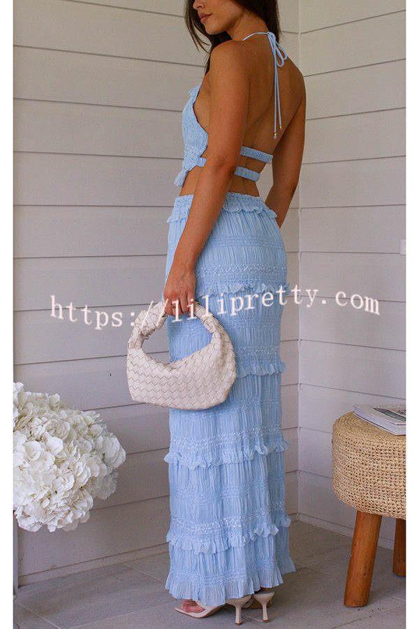 Feel Chic and Romantic Sequin Textured Material Drawstring Waist Tiered Maxi Skirt