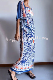 Lilipretty Resort Style Ethnic Print Square Neck Bell Sleeve Loose Maxi Dress