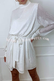 Fashionable Sequined Long-sleeved Belted Casual Mini Dress