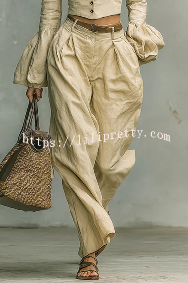 Linen-blend Long-sleeved Button-down Top and Relaxed-pocket Wide-leg Pants Set
