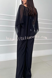 Vanie Chiffon Cape Batwing Sleeve Top and High Waist Pocket Wide Leg Pants Set